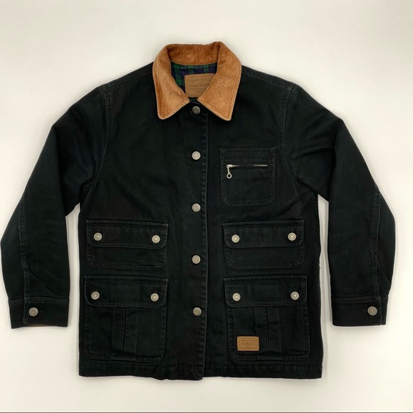 Ralph Lauren Leather Collar Cuffs Black Denim Jacket 7 Pockets Hong Kong Small